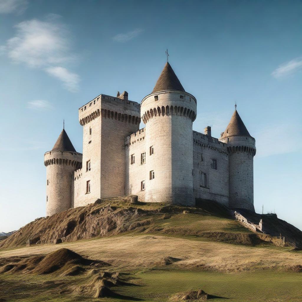 An imposing castle standing alone, without any grass or surrounding foliage, under a clear sky.