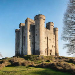 An imposing castle standing alone, without any grass or surrounding foliage, under a clear sky.