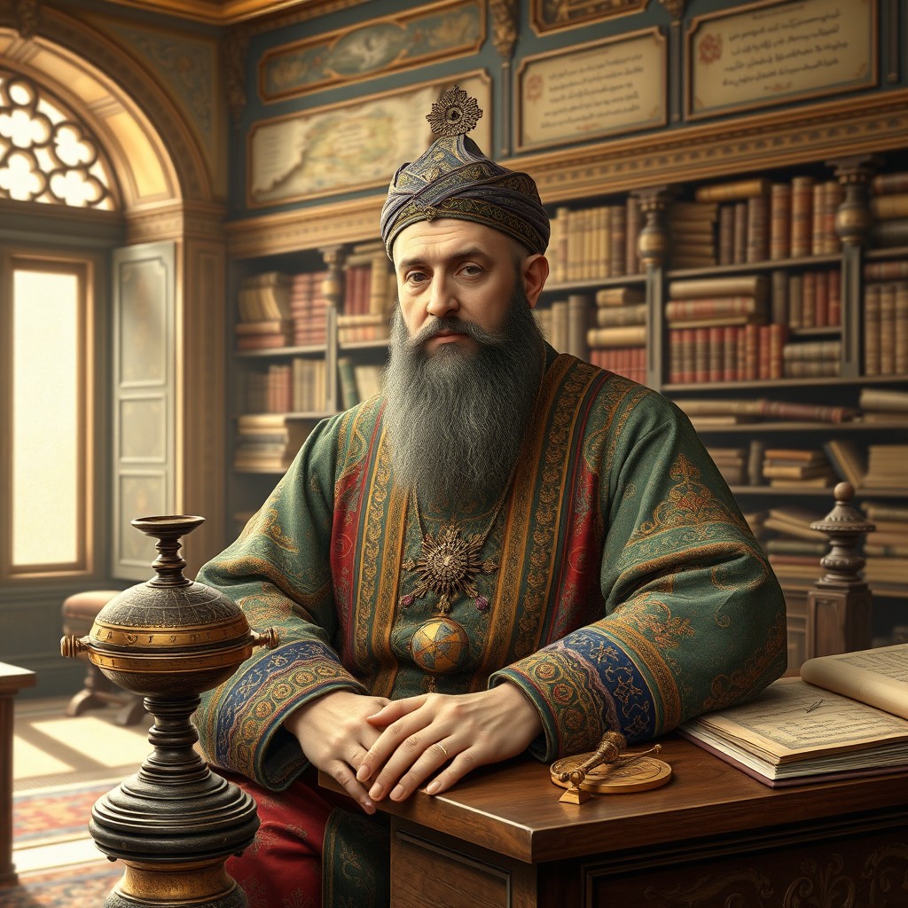 A historical portrait of Nasir al-Din al-Tusi, a prominent Persian polymath, intellectual, and scholar from the 13th century, depicted in a rich, vibrant traditional Persian robe adorned with intricate patterns and embellishments