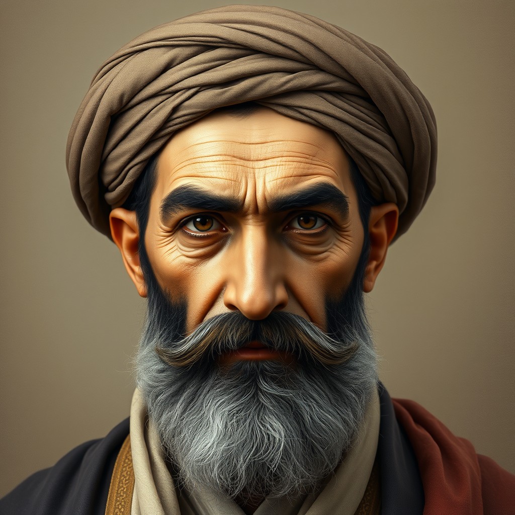 A realistic historical portrait of Khwaja Nasir al-Din al-Tusi, a middle-aged Persian scholar with a serious and thoughtful expression