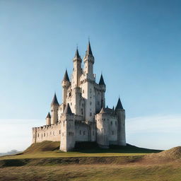 An imposing castle standing alone, without any grass or surrounding foliage, under a clear sky.