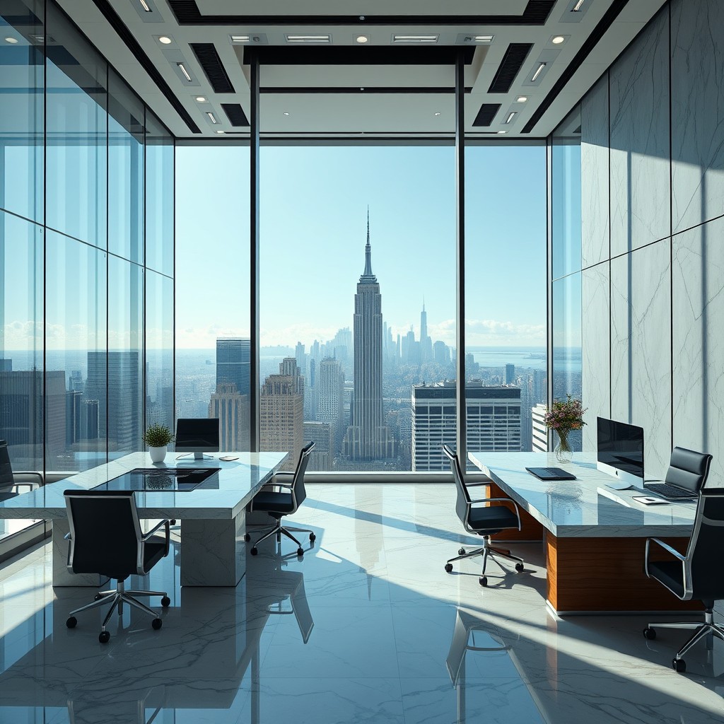 An ultra-realistic Hollywood cinematic YouTube thumbnail in a 16:9 aspect ratio (1280×720), showcasing a luxury corporate office interior overlooking the stunning New York skyline