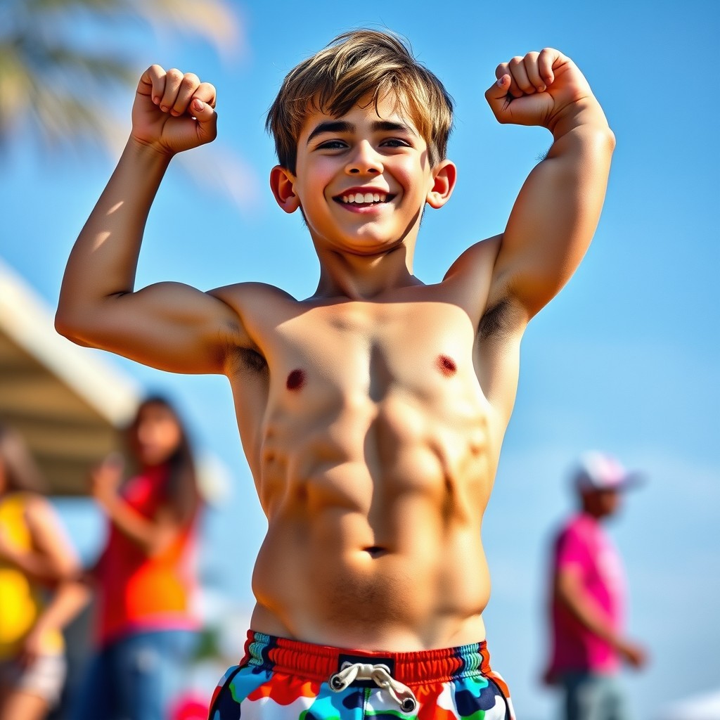 A vibrant image of a teenage boy displaying his toned abdominal muscles and strong biceps