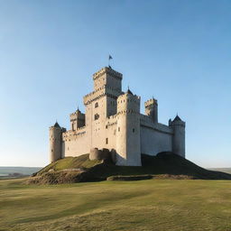 An imposing castle standing alone, without any grass or surrounding foliage, under a clear sky.