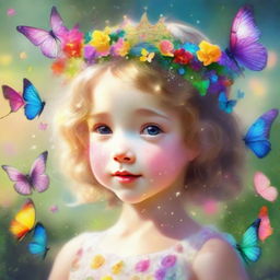 A cherubic little girl adorned with a sparkling crown, joyously playing amidst a flurry of colorful butterflies in a sunlit garden.