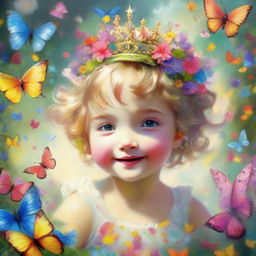 A cherubic little girl adorned with a sparkling crown, joyously playing amidst a flurry of colorful butterflies in a sunlit garden.