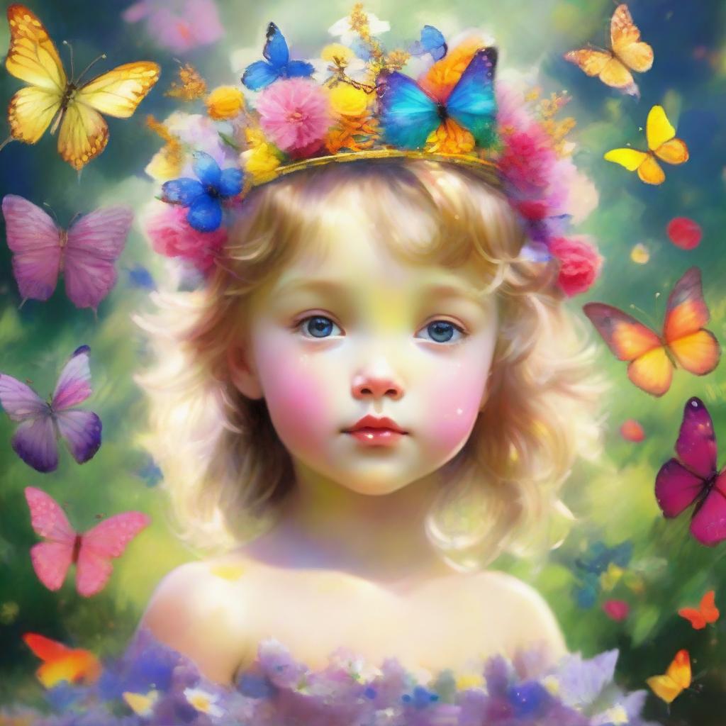 A cherubic little girl adorned with a sparkling crown, joyously playing amidst a flurry of colorful butterflies in a sunlit garden.