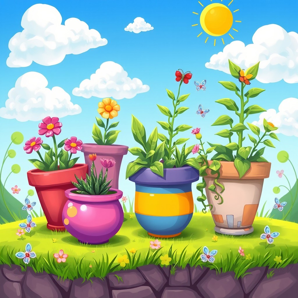 A vibrant and whimsical scene from a 2D game featuring colorful pots of various shapes and sizes, placed in a fantastical garden setting
