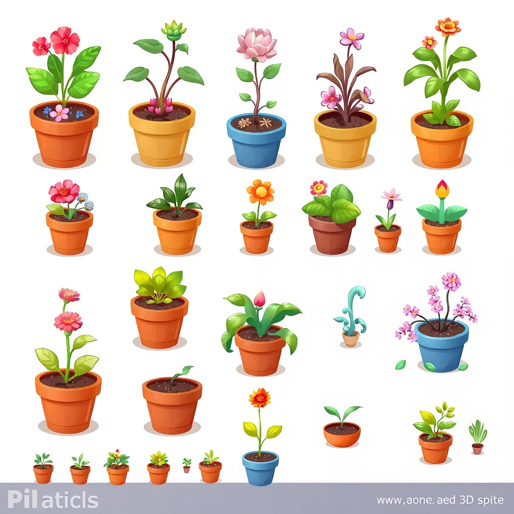 A detailed 2D game sprite sheet featuring a variety of colorful plant pots, each pot showcasing different plants like flowers, succulents, and herbs