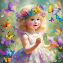 A cherubic little girl adorned with a sparkling crown, joyously playing amidst a flurry of colorful butterflies in a sunlit garden.