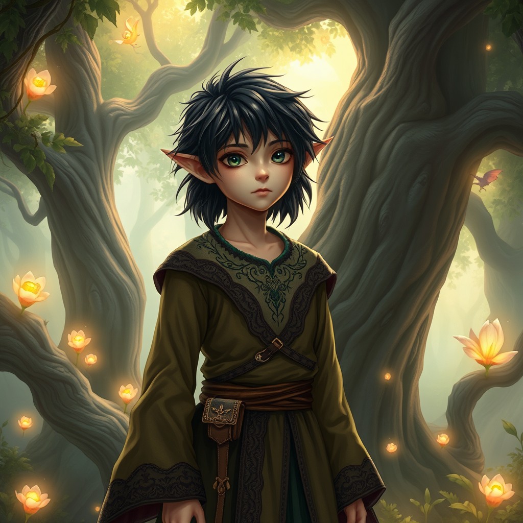 An androgynous young thin elf boy with dark, expressive eyes and messy shoulder-length hair, dressed in intricate fantasy attire featuring flowing robes, detailed embroidery, and a belt with small pouches