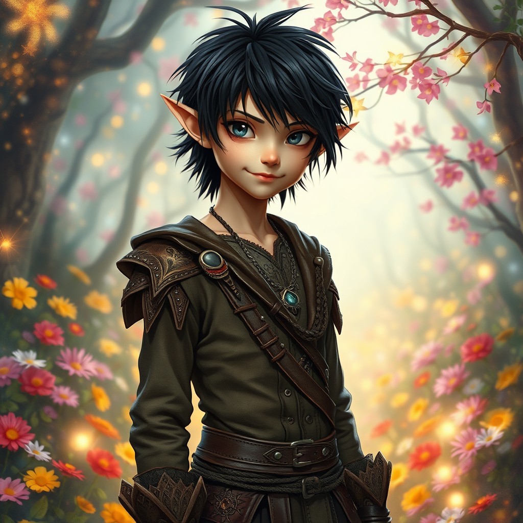 An androgynous teen thin elf boy with dark grey eyes that sparkle with mischief and messy shoulder-length black hair