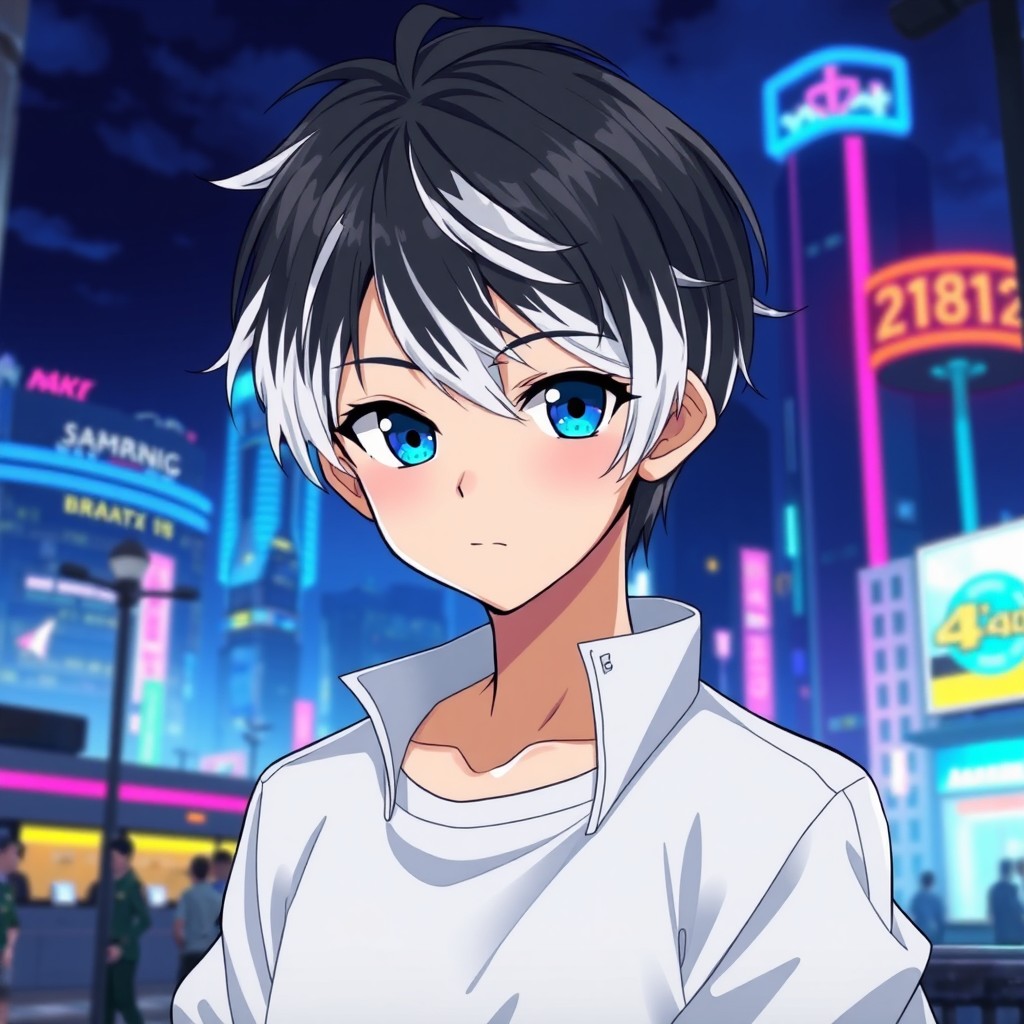 A handsome anime boy with short black hair featuring white ombre tips, striking royal blue eyes