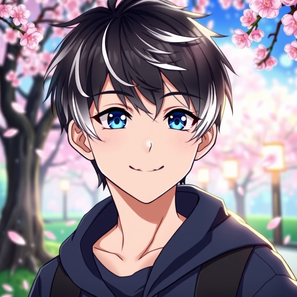A handsome teenage anime boy with short black hair featuring white ombre tips, captivating royal blue eyes