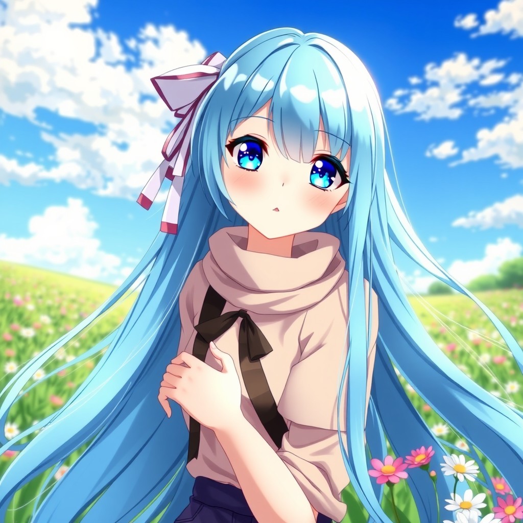 A beautiful teenage anime girl with long, flowing bright sky blue hair that cascades down to her knees, paired with sparkling blue eyes radiating warmth and charm