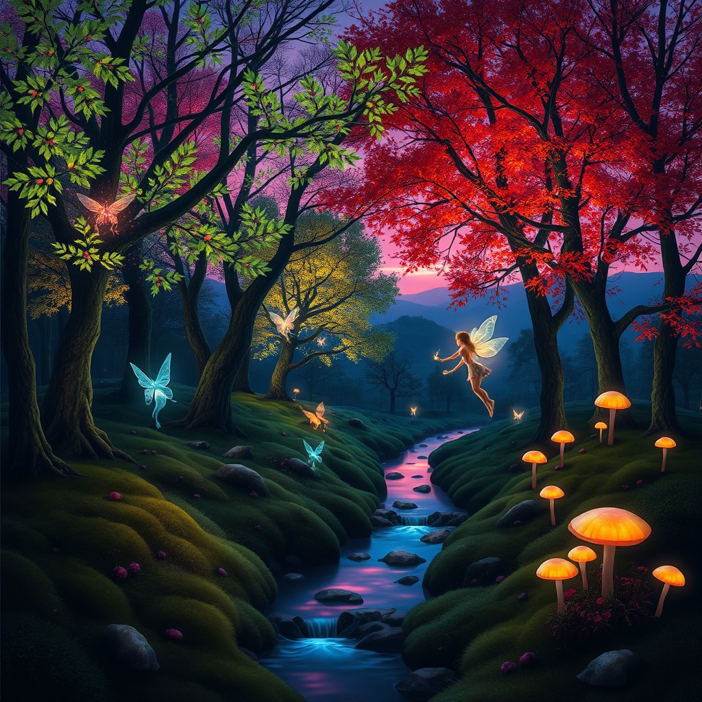 A mystical forest scene during twilight, showcasing vibrant trees with luminescent leaves