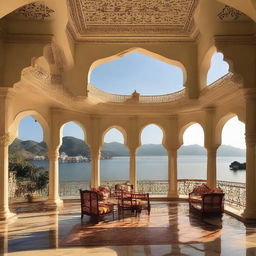 A grand hotel in Udaipur, displaying lavish architecture, elegant landscaping and enchanting views of Lake Pichola.