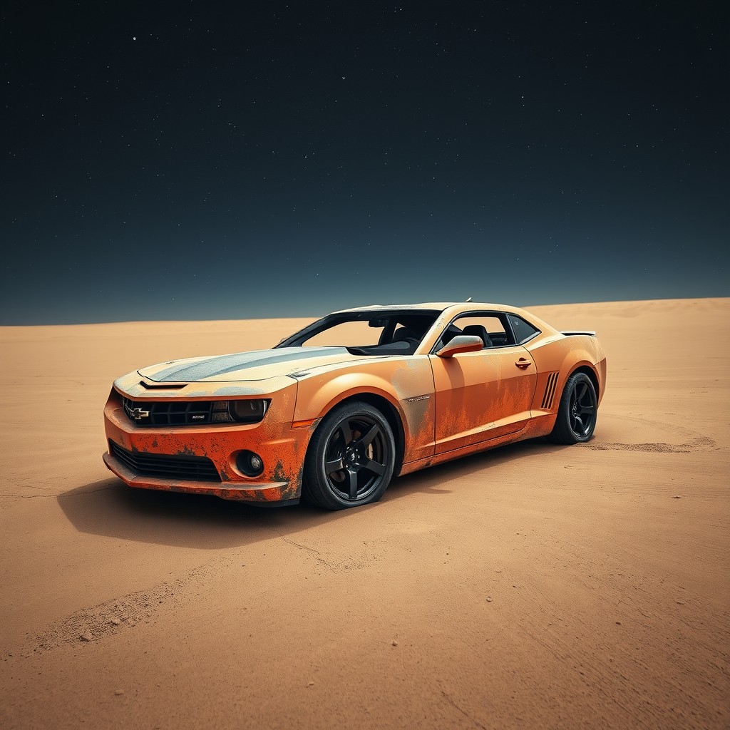 A scorched Chevrolet Camaro SS body drifting through the vastness of open space