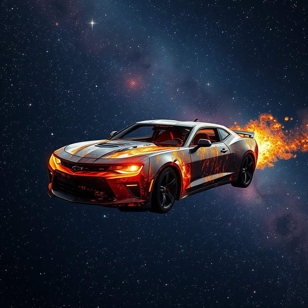 A fiery wreckage of a Chevrolet Camaro SS is soaring through the vastness of outer space, leaving a trail of glowing embers behind