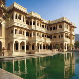 A grand hotel in Udaipur, displaying lavish architecture, elegant landscaping and enchanting views of Lake Pichola.