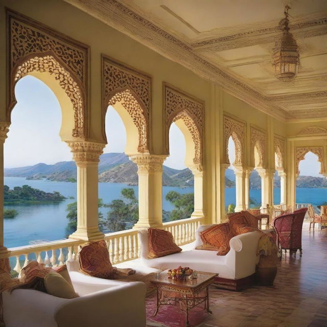 A grand hotel in Udaipur, displaying lavish architecture, elegant landscaping and enchanting views of Lake Pichola.