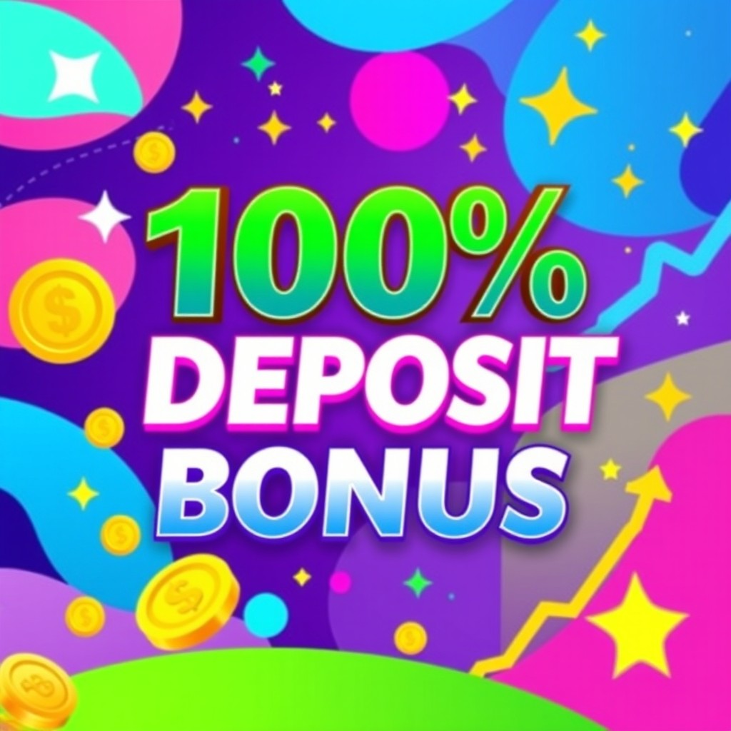 A colorful, eye-catching promotional banner featuring the text '100% Deposit Bonus' in bold typography