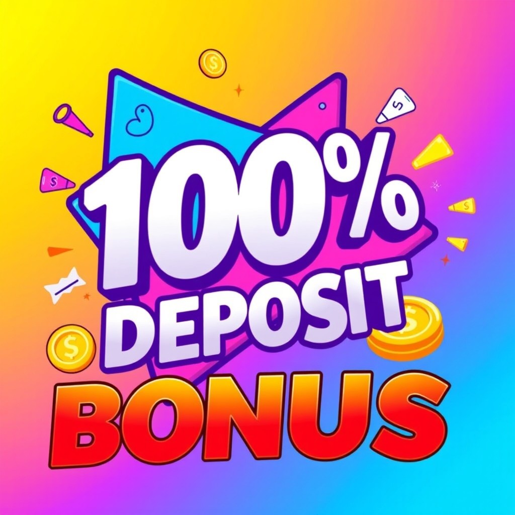 A visually striking promotional graphic featuring a bold and colorful depiction of a '100% Deposit Bonus