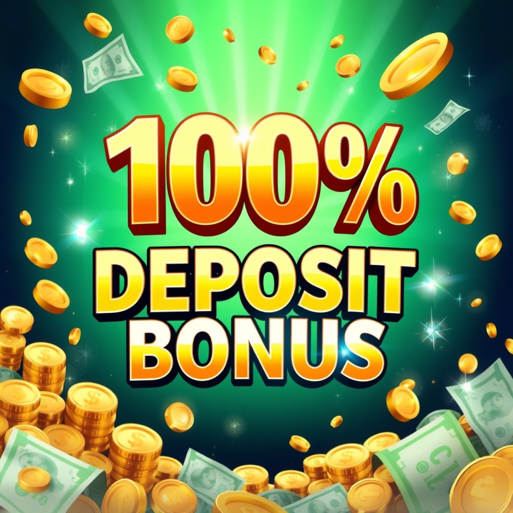 A visually appealing design featuring the words '100% Deposit Bonus' prominently displayed in bold, eye-catching typography