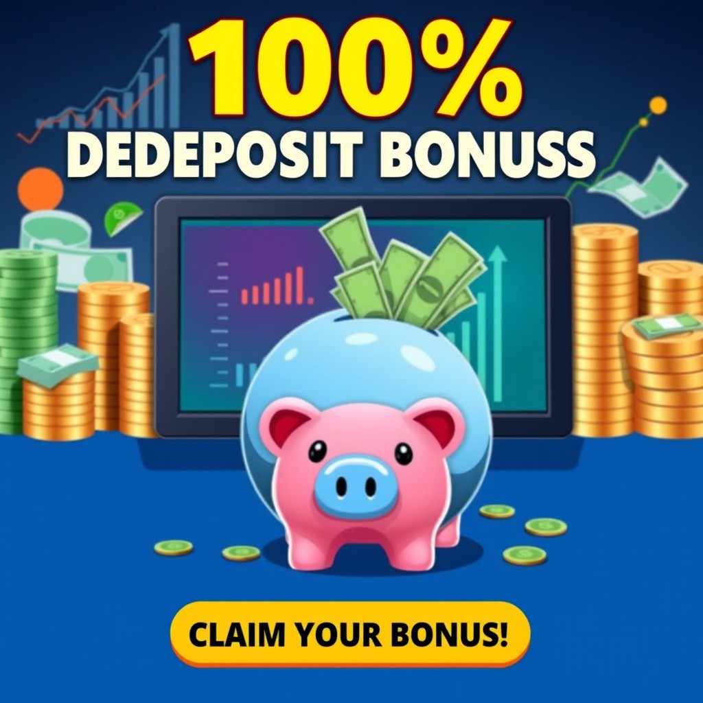 An eye-catching visual advertisement for a 100% deposit bonus, featuring bold typography and vibrant colors