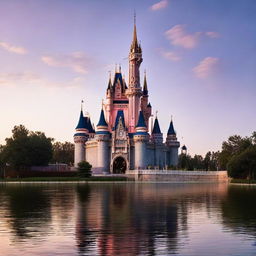 The iconic Disney castle, standing alone, stripped of any land or water features, in front of a soft twilight sky.