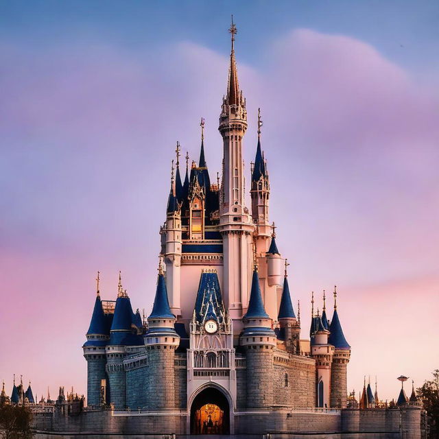 The iconic Disney castle, standing alone, stripped of any land or water features, in front of a soft twilight sky.