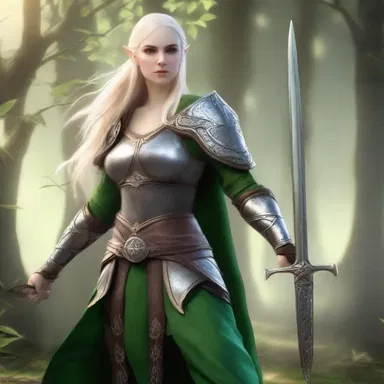 The elven warrior held a lancelike blade, ready to defend the kingdom.