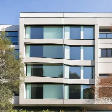 The modern building features lancelike windows that add a unique touch to its design.