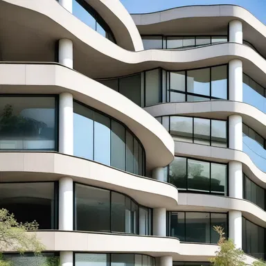 The modern building features lancelike windows that add a unique touch to its design.