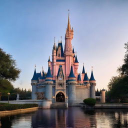 The iconic Disney castle, standing alone, stripped of any land or water features, in front of a soft twilight sky.