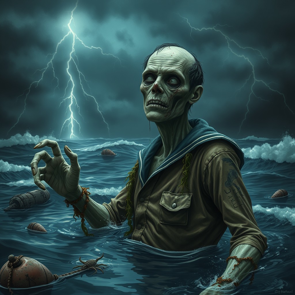 A hauntingly eerie scene featuring a zombie mariner, lifeless yet somehow menacing, emerging from the water