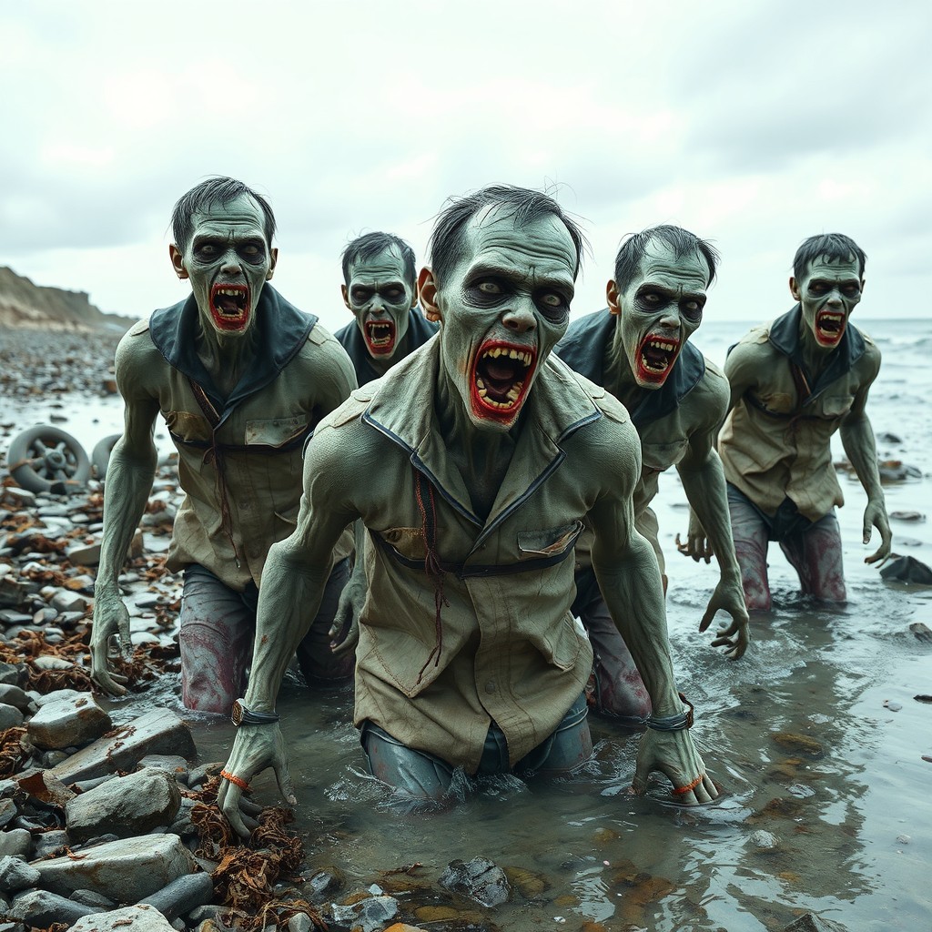 A chilling scene depicting a group of male zombies, all having drowned, emerging from a desolate shoreline