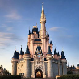 The iconic Disney castle, standing alone, stripped of any land or water features, in front of a soft twilight sky.