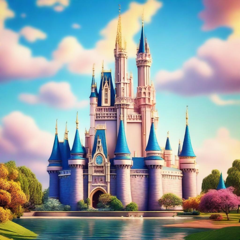 The famous Disney castle rendered in a charming, colorful animation style, without its usual surroundings of land or lake.