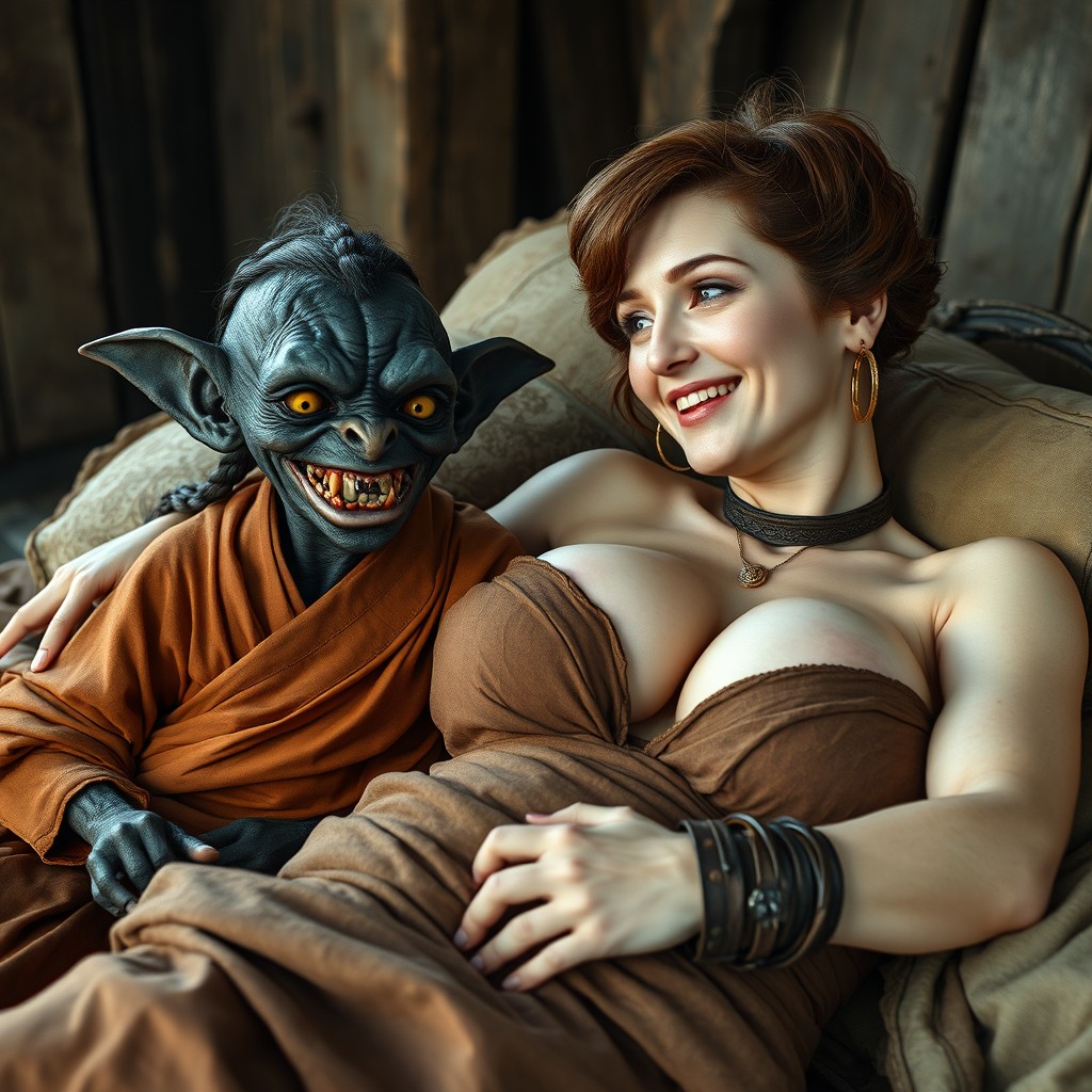 A small female goblin, approximately 50 years old, with very dark black skin and a malnourished body, smiling with rotten teeth, fully yellow eyes, and drooling