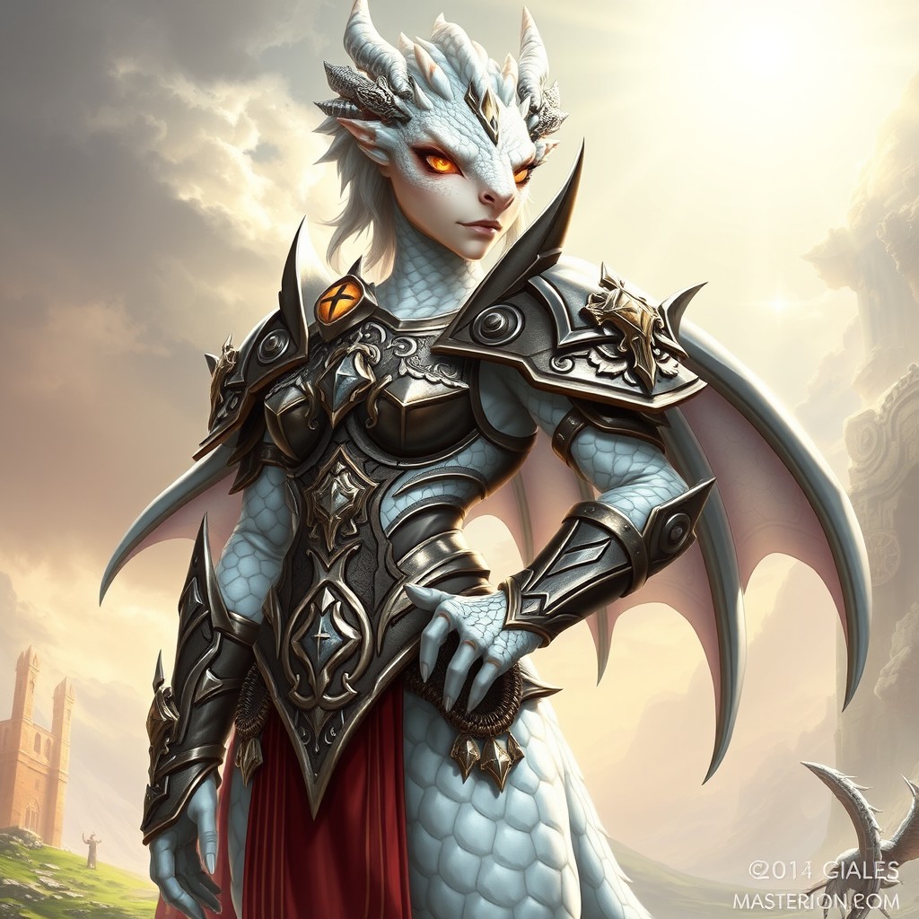 A character sheet featuring a stunning female dragonborn with gleaming white scales and impressive, large muscles