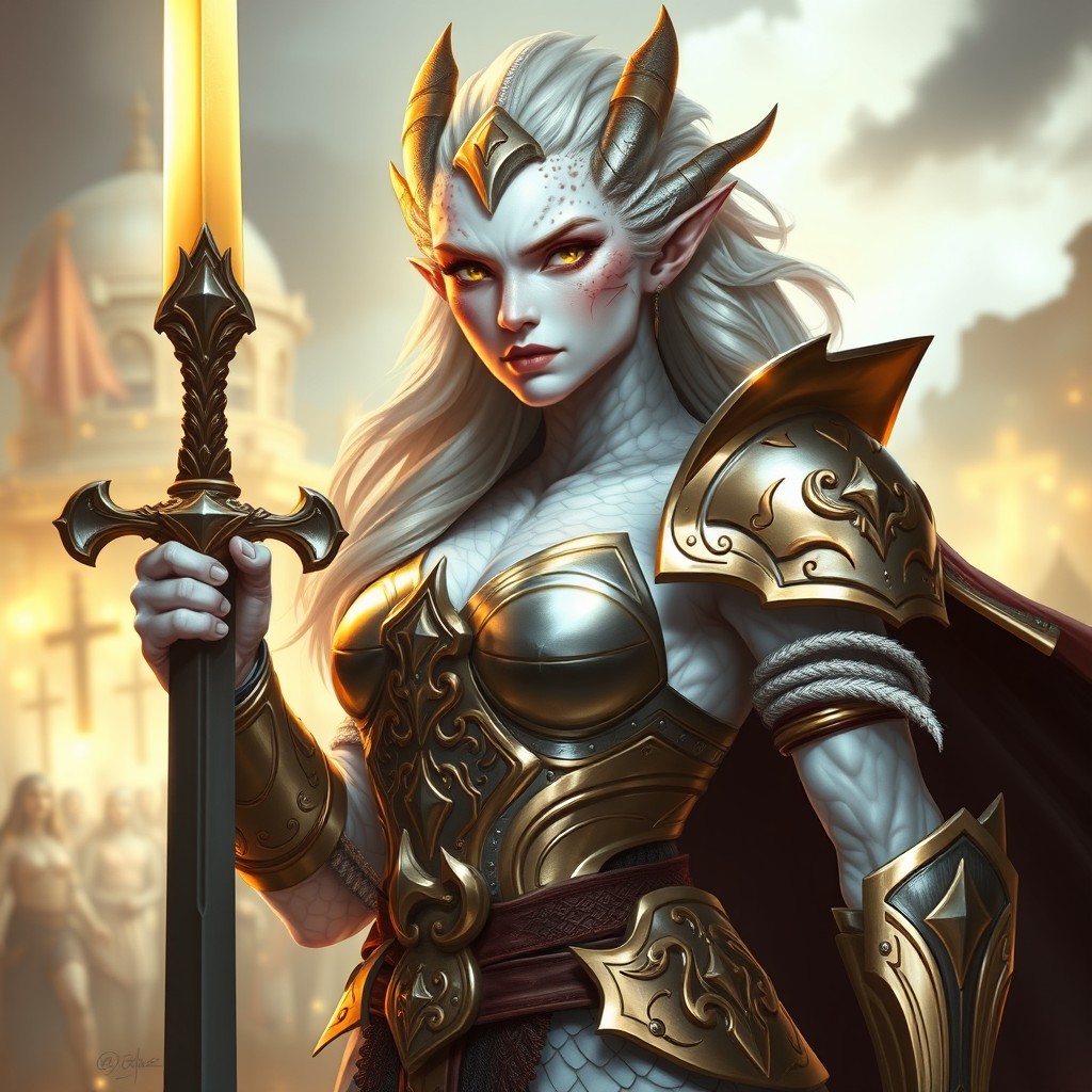 Create a character sheet for a female dragonborn with strikingly beautiful white scales, large muscles that emphasize strength and power