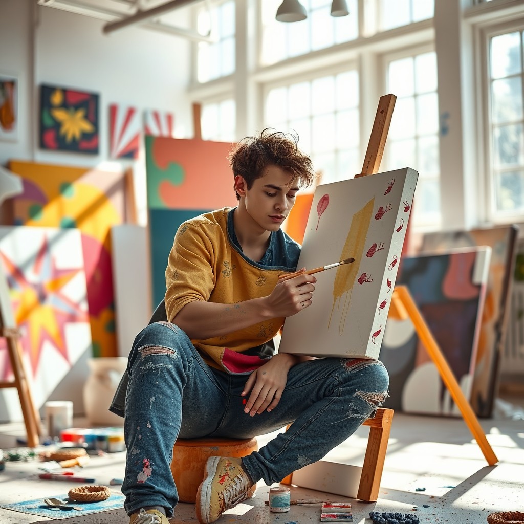 A focused young adult male artist sitting in his brightly lit studio, surrounded by vibrant canvases and art supplies