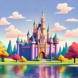 The famous Disney castle rendered in a charming, colorful animation style, without its usual surroundings of land or lake.