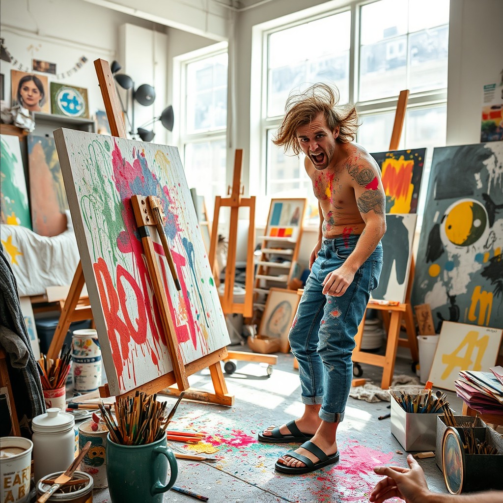 A crazed young adult male artist in a lively and chaotic studio