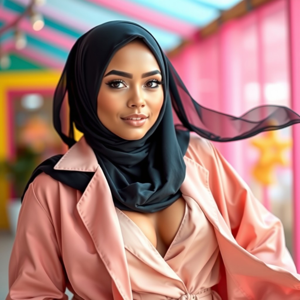 A beautiful woman wearing a hijab, with fair skin and a curvy figure