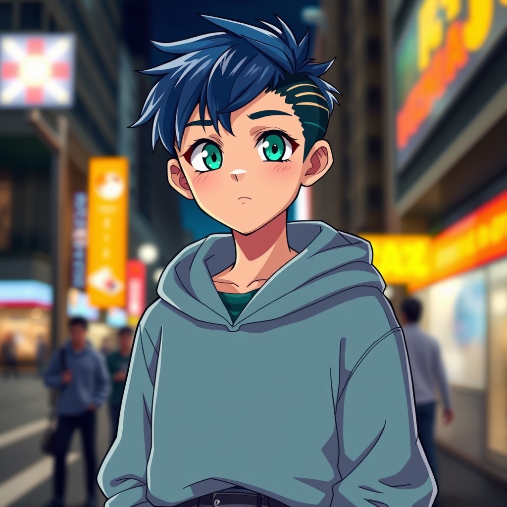 A handsome teenage anime boy with dark blue hair styled in a trendy manner, complemented by striking emerald green eyes that shine with intensity
