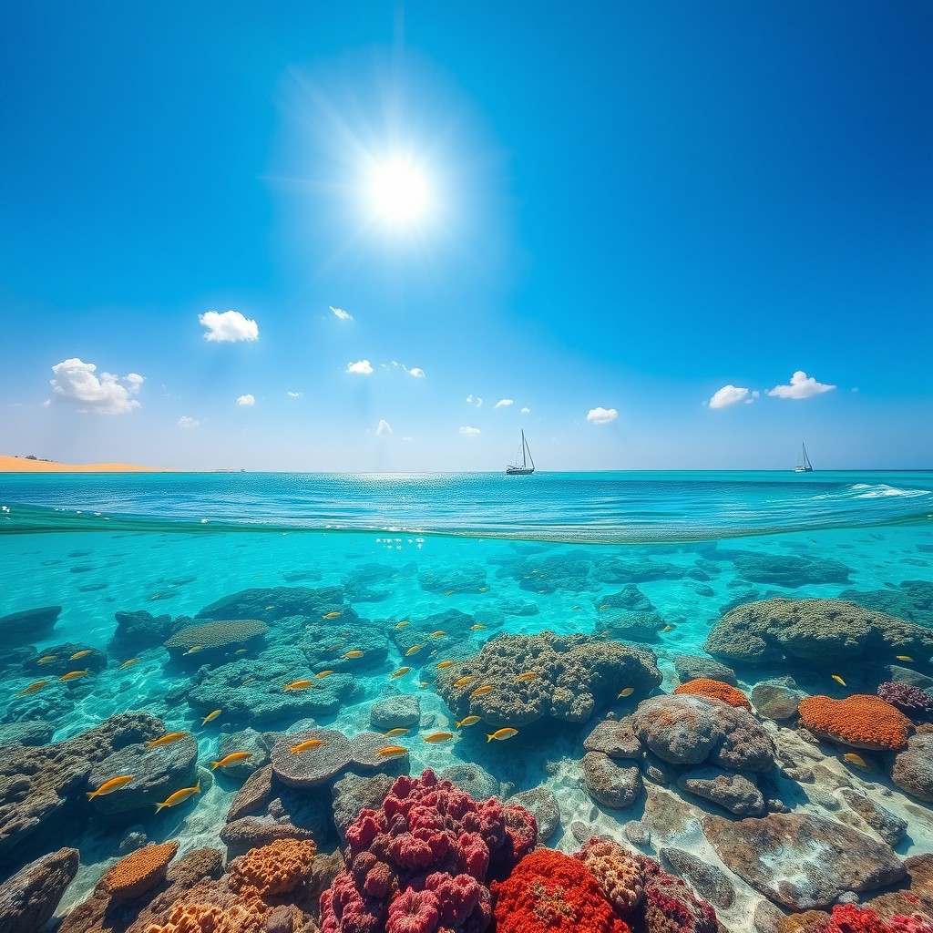 A stunning, tranquil scene depicting the Red Sea, showcasing its crystal-clear turquoise waters and vibrant coral reefs