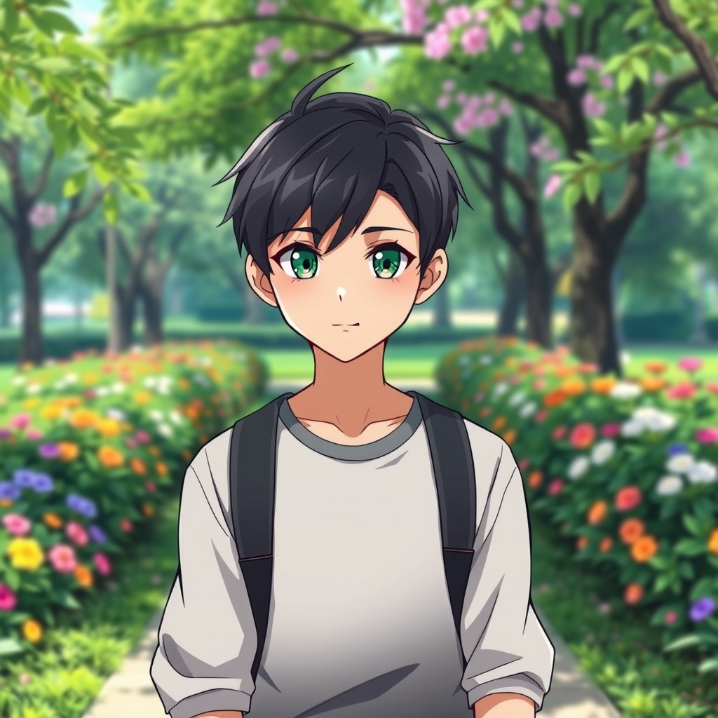 A handsome teenage anime boy with sleek black hair styled stylishly and captivating emerald green eyes that shine with confidence