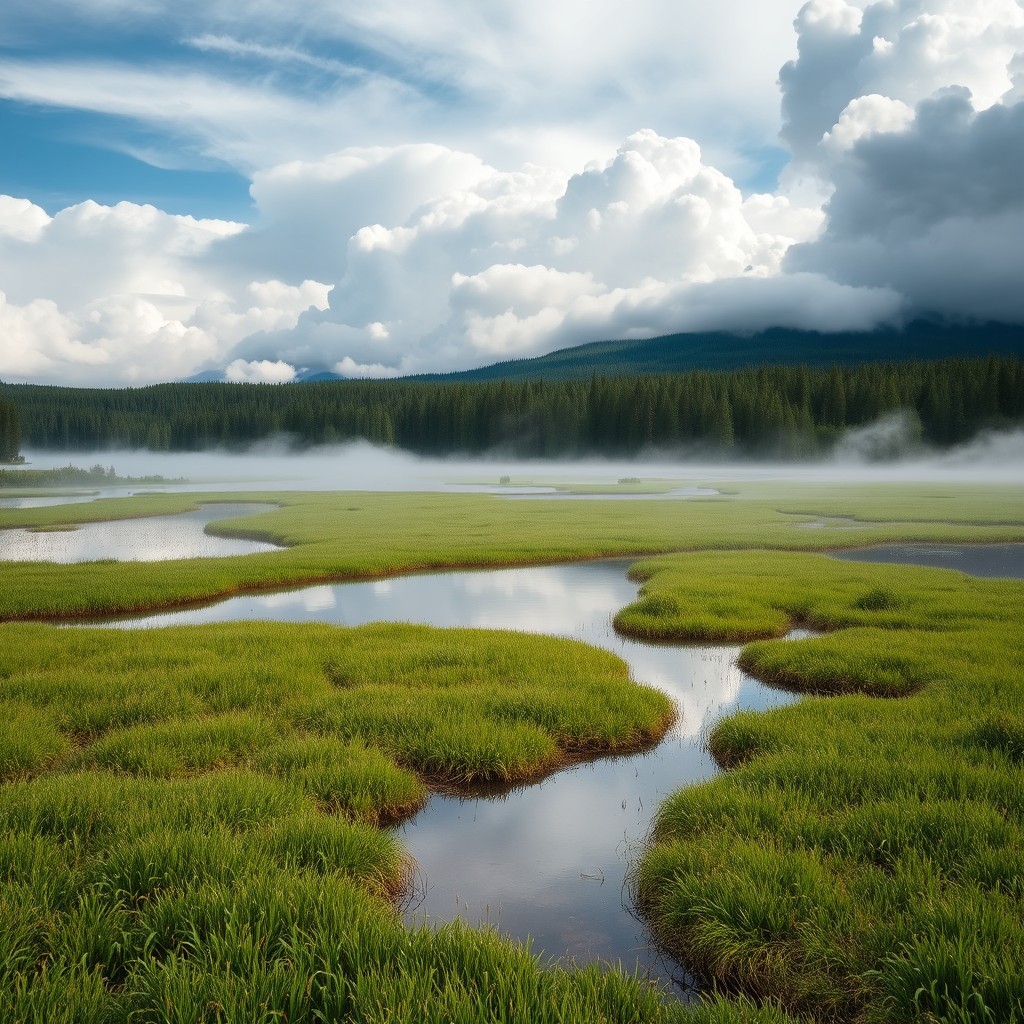 A picturesque scene of a marshy landscape with lush greenery set against the stunning backdrop of Siberian taiga